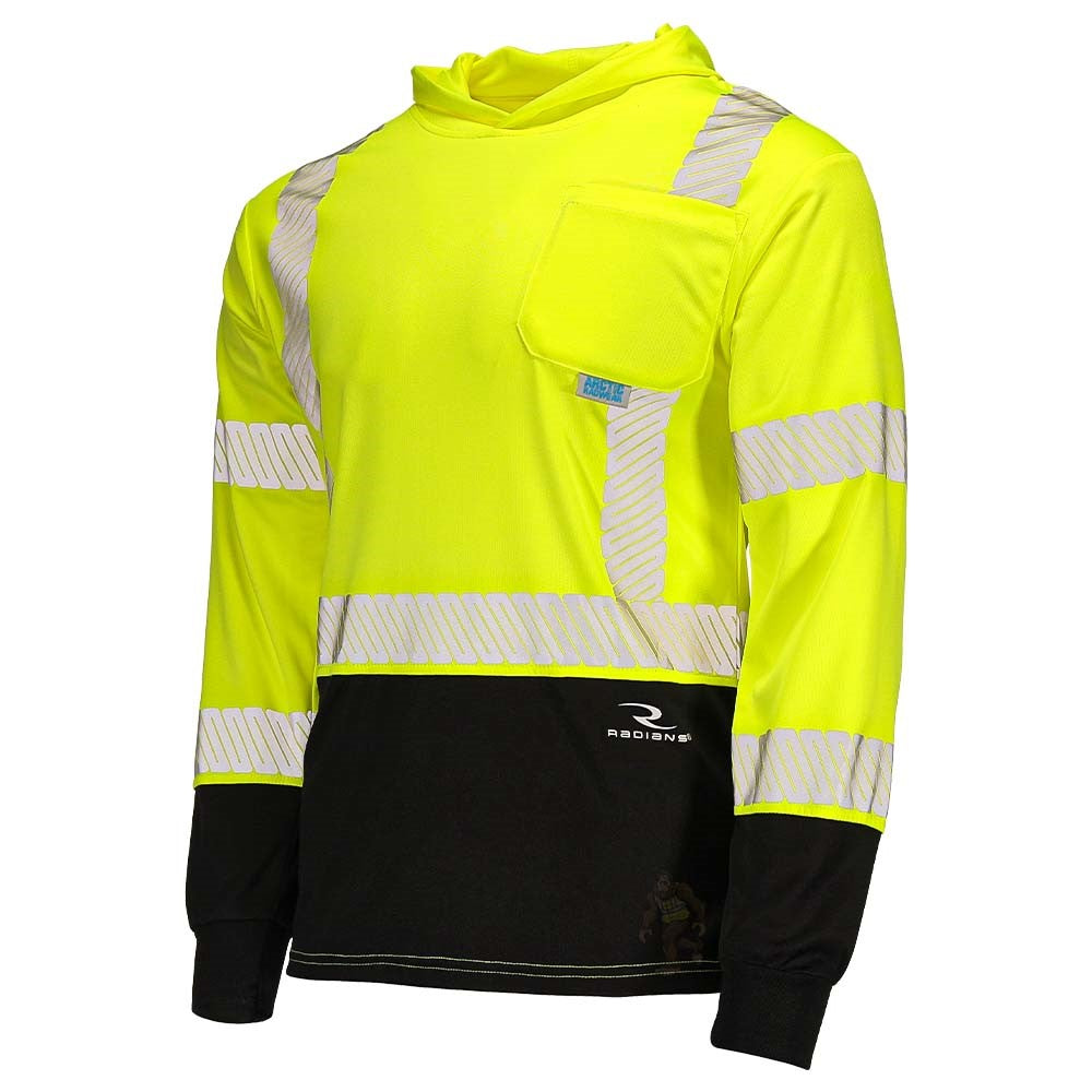 ANSI Class 3 Hi-Vis Hooded Long Sleeve Safety Shirt with UPF 40 Sun Protection, Black Bottom & Reflective Tape