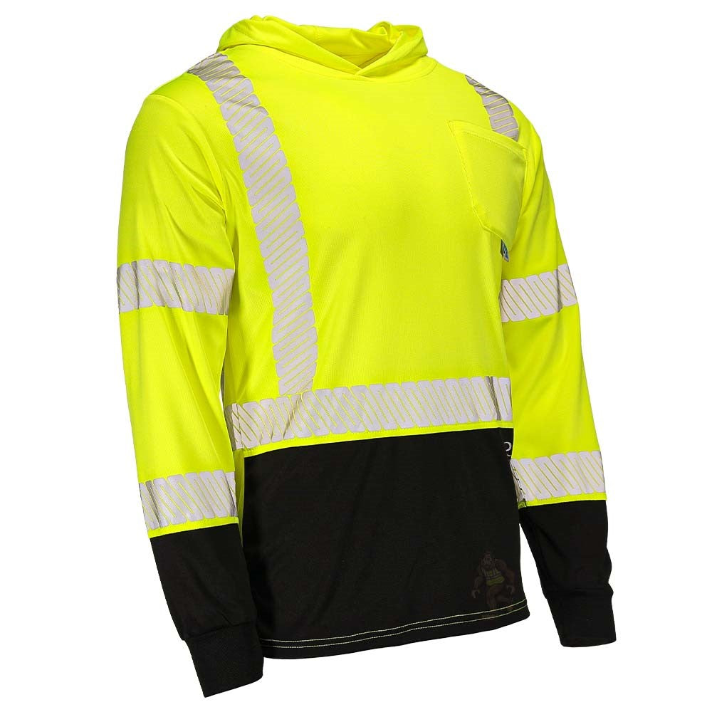 ANSI Class 3 Hi-Vis Hooded Long Sleeve Safety Shirt with UPF 40 Sun Protection, Black Bottom & Reflective Tape