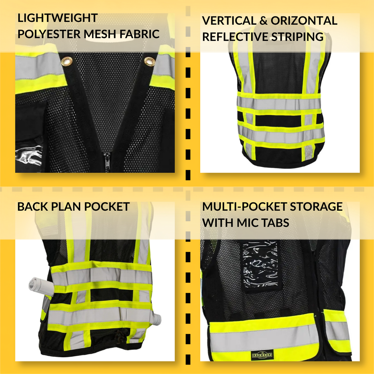 ANSI Class 1 Heavy Duty Surveyor Safety Vest with Zipper, Reflective Tape & Multi-Pocket Storage – Black