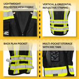 ANSI Class 1 Heavy Duty Surveyor Safety Vest with Zipper, Reflective Tape & Multi-Pocket Storage – Black