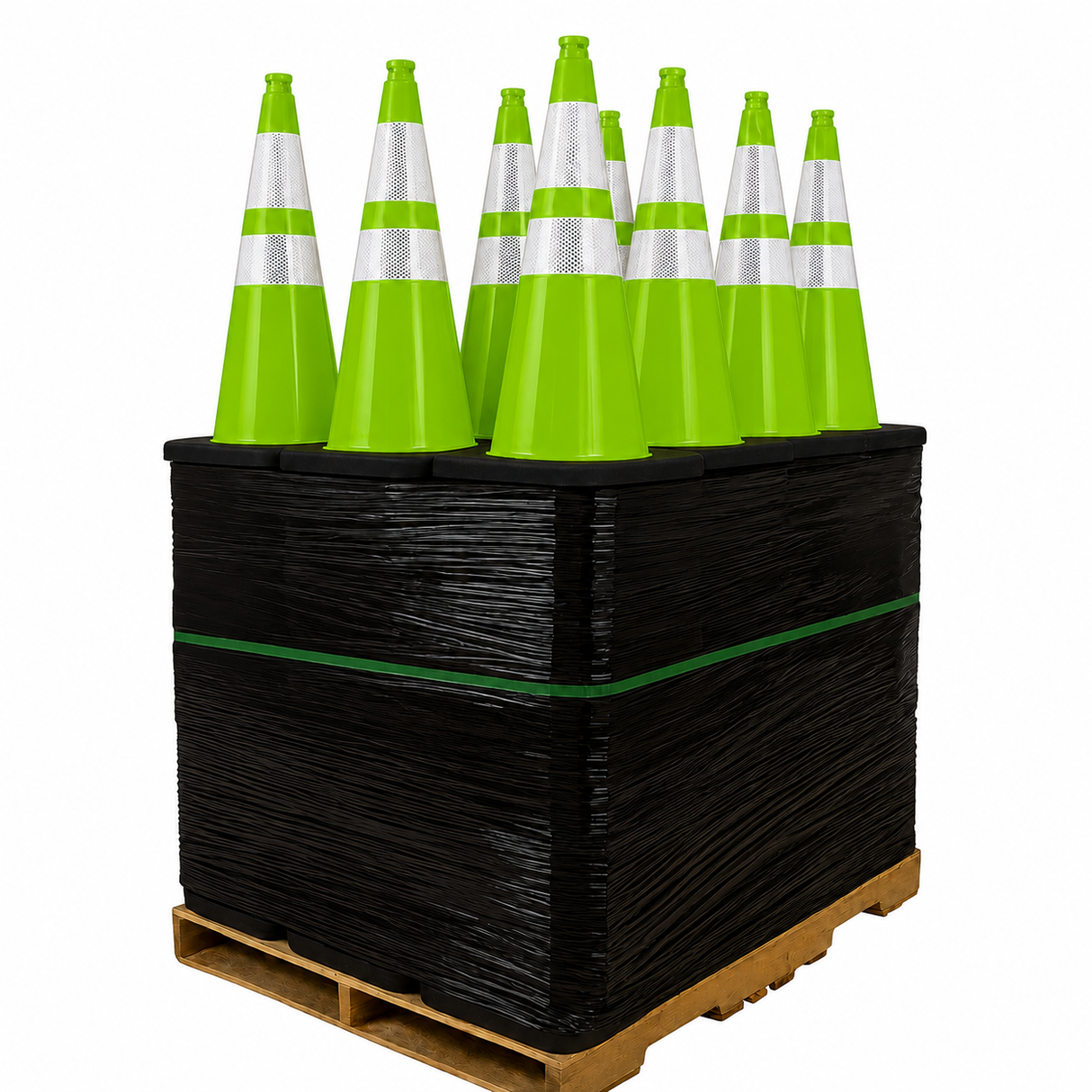 100 Cones Bulk Pallet, 28" Lime Green Traffic Cone, 7lb Black Base, w/6" & 4" Retroreflective Collars, MUTCD Compliant