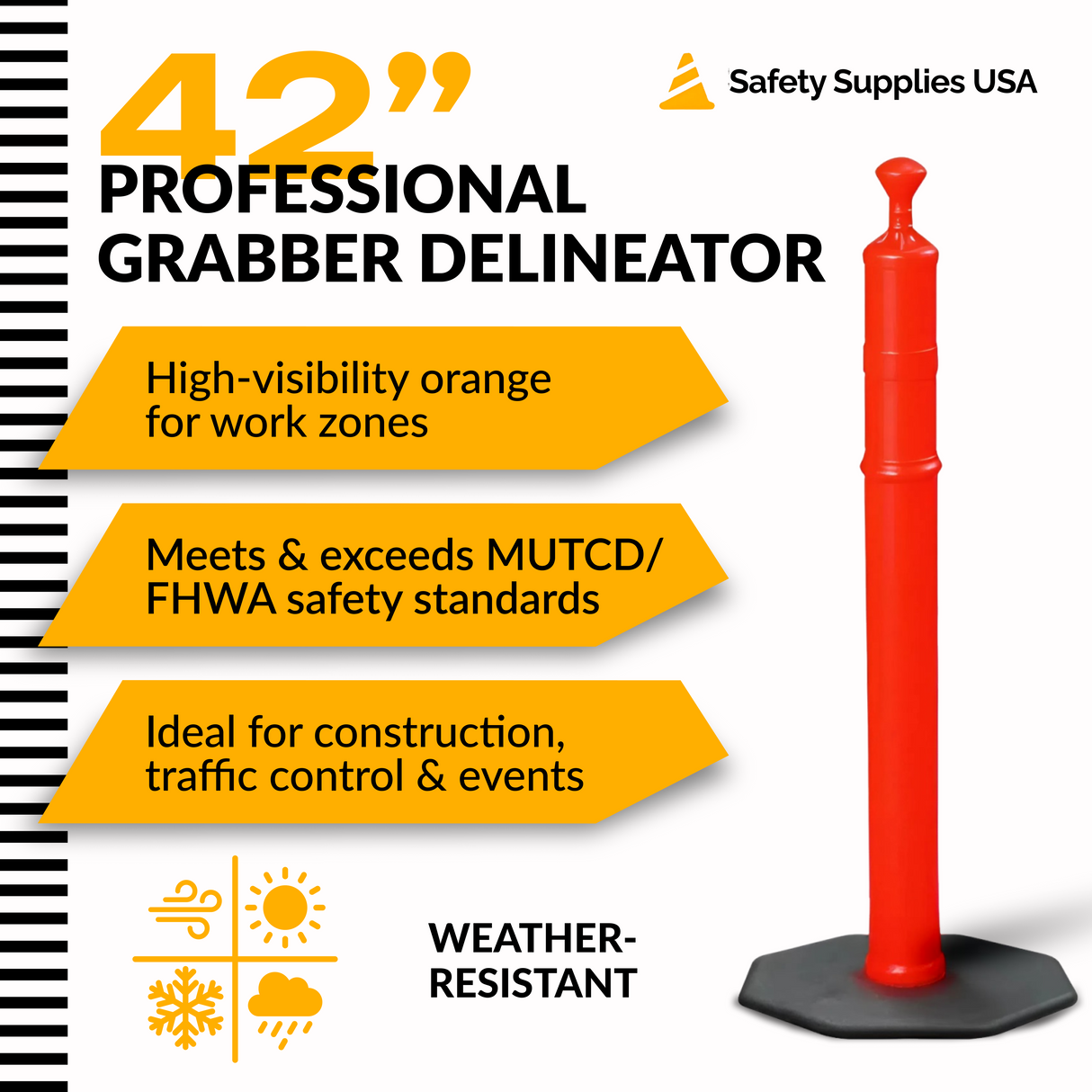 42″ Grabber Delineator Tube – Black Base, No Reflective Collars