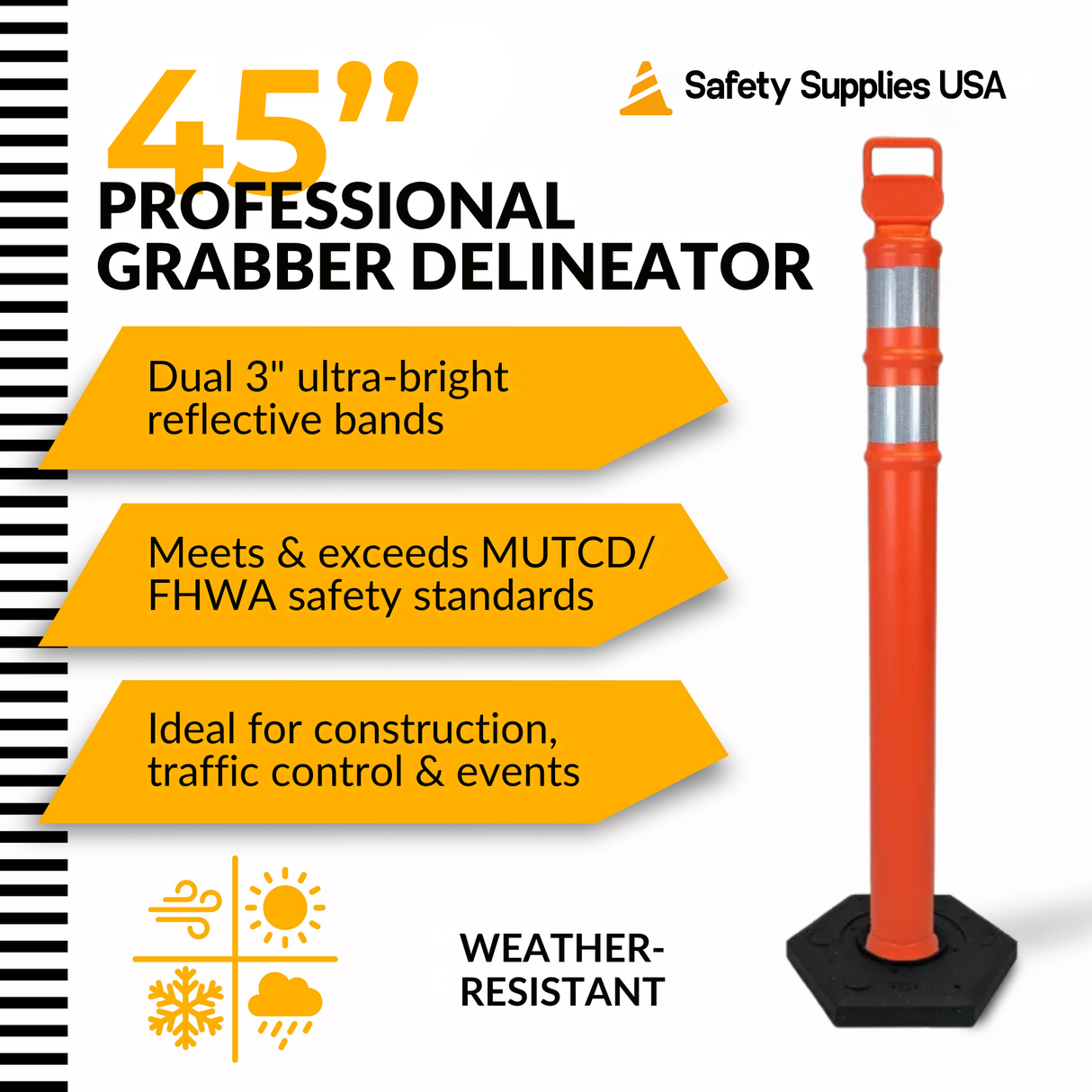 45" EZ Grab Delineator Tube with Recycled Rubber Base - Two 3" HI Reflective Collars