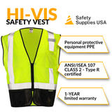 Class 2 Black Bottom Mesh Safety Vest with Zipper Closure, Reflective Tape & Multi-Pocket Design, ANSI Type R Compliant, Hi-Vis Lime/Orange, M-5XL