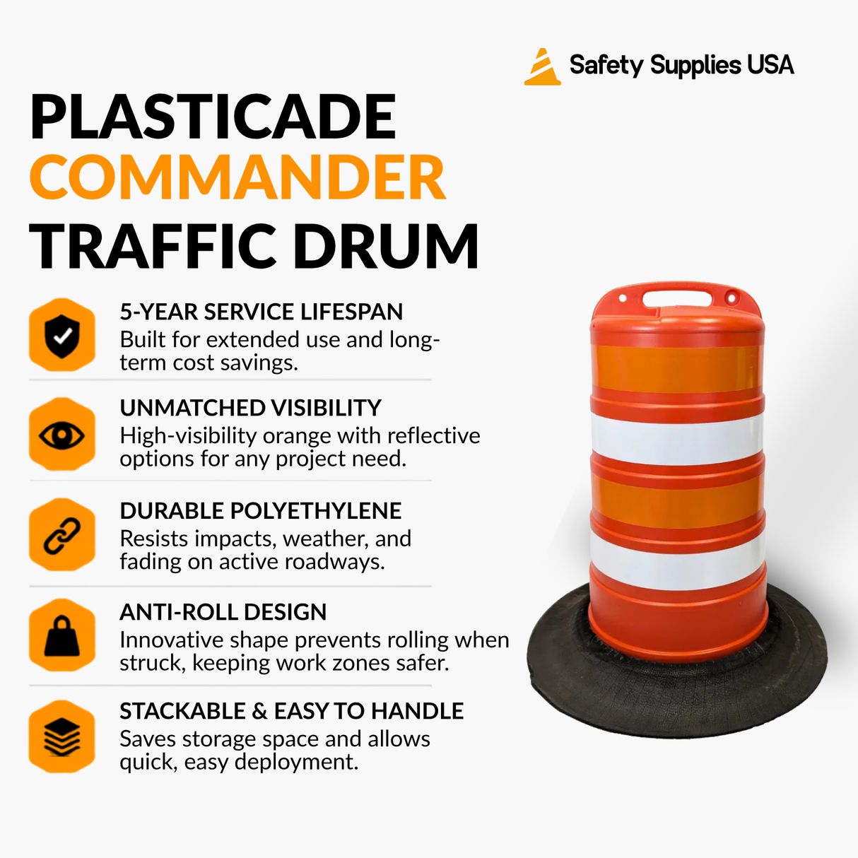 Commander Traffic Drum with Reflective Sheeting and Tire Ring Base