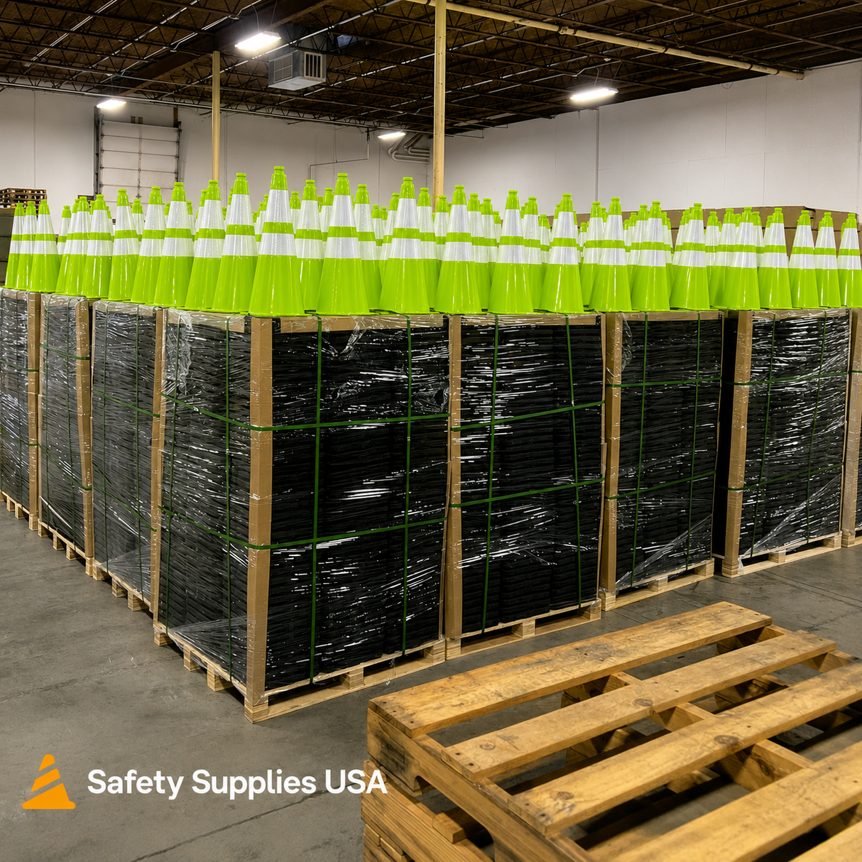100 Cones Bulk Pallet, 28" Lime Green Traffic Cone, 7lb Black Base, w/6" & 4" Retroreflective Collars, MUTCD Compliant