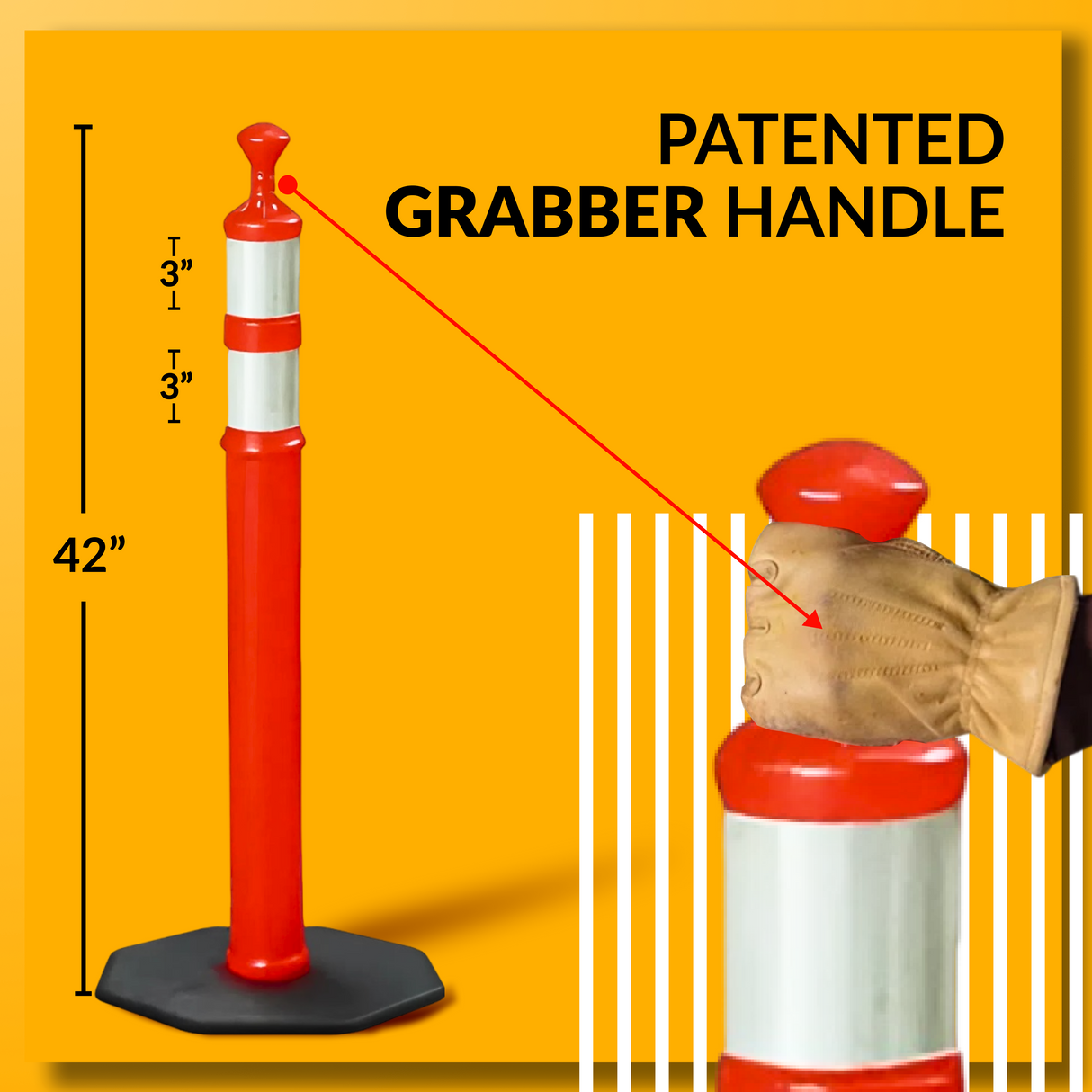 42″ Grabber Delineator Tube – Black Base, Two White 3″ HI Reflective Collars