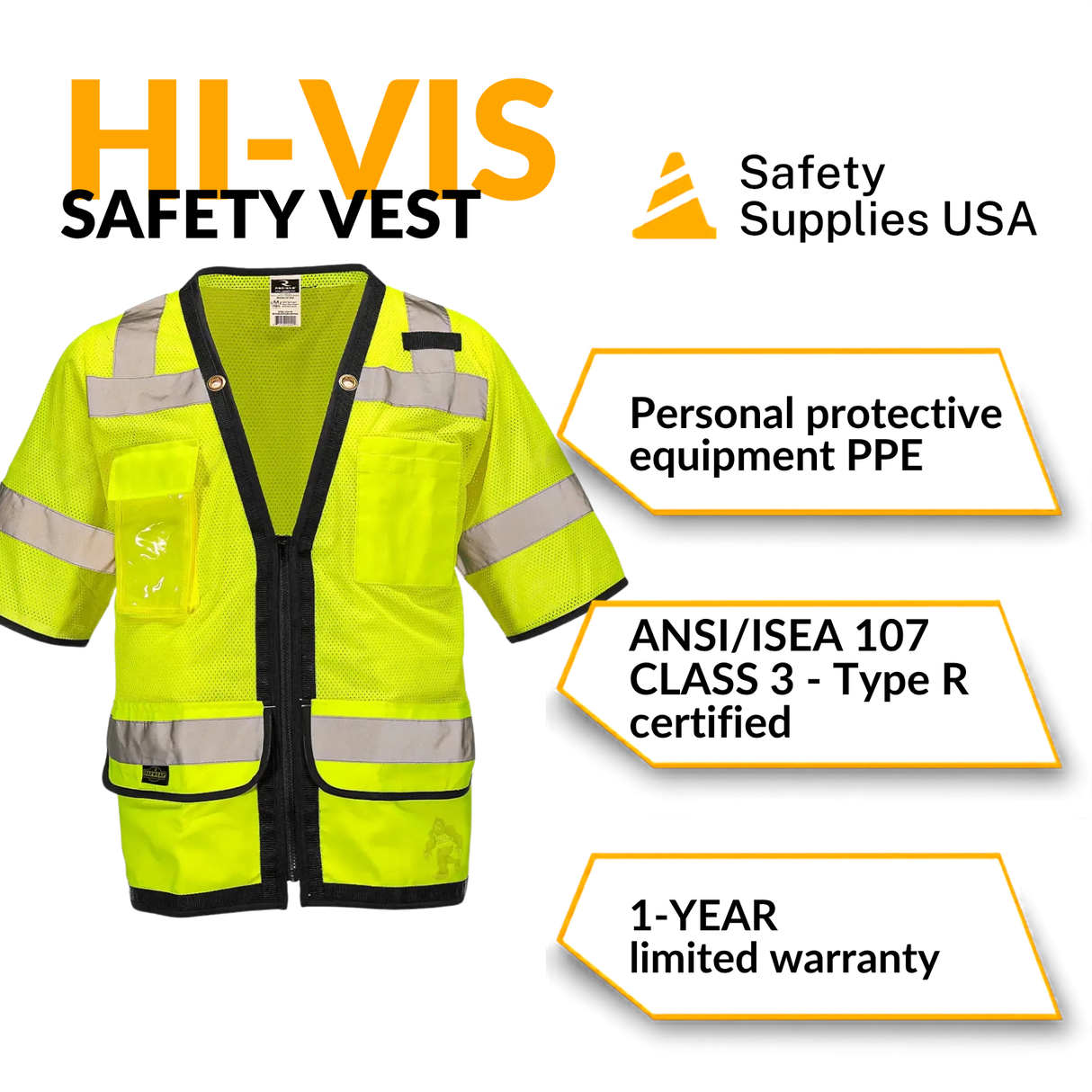 ANSI Class 3 Heavy Duty Surveyor Safety Vest with Zipper Closure & Reflective Stripes – Hi Vis Mesh Work Vest with Pockets for Construction, Traffic Control & Utility Crews