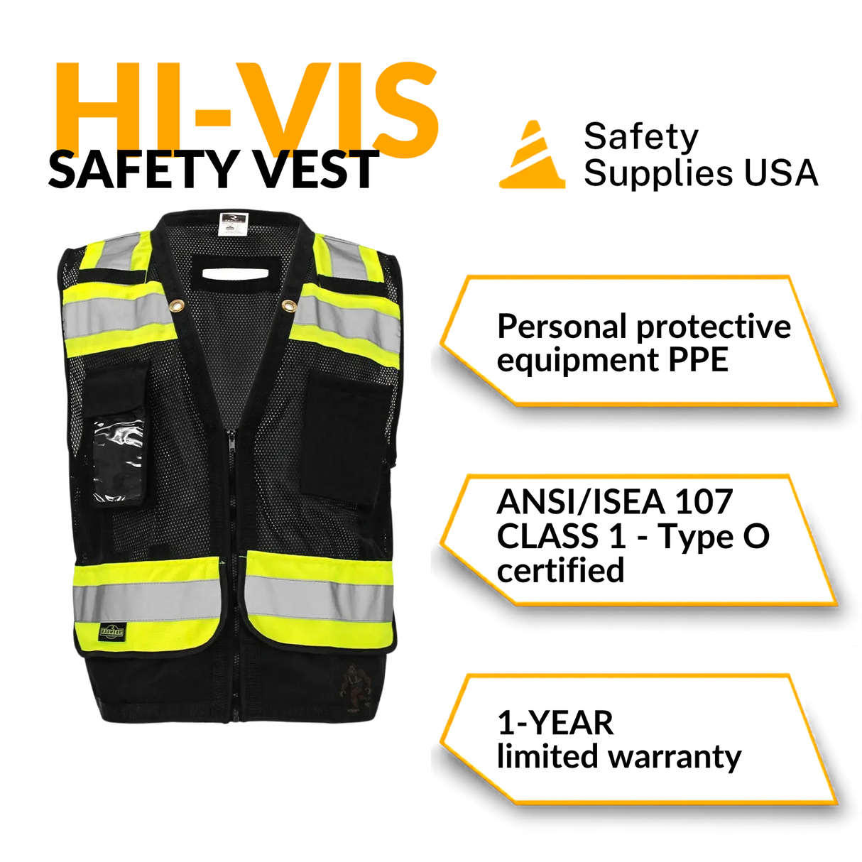 ANSI Class 1 Heavy Duty Surveyor Safety Vest with Zipper, Reflective Tape & Multi-Pocket Storage – Black