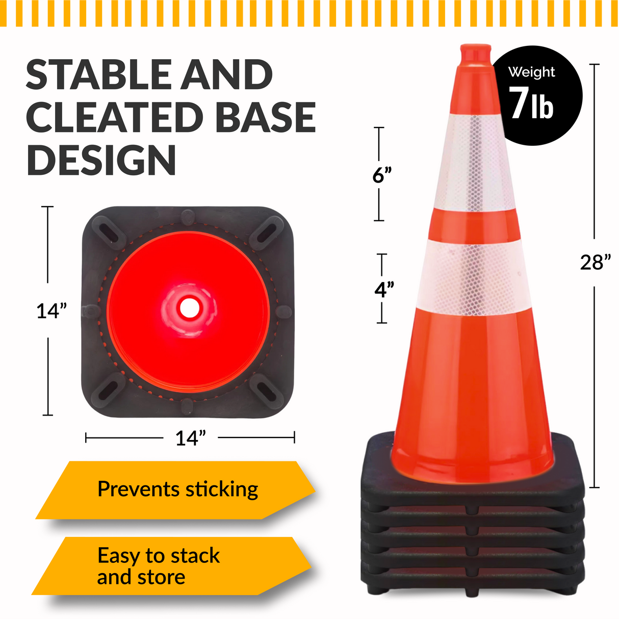 28" Orange Traffic Cone, 7lb Black Base, w/6" & 4" Retroreflective Collars, MUTCD Compliant