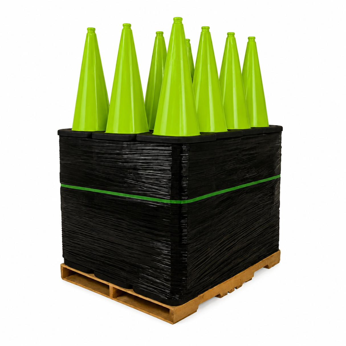 100 Cones Bulk Pallet, 28" Lime Green Traffic Cone, 7lb Black Base, w/6" & 4" Retroreflective Collars, MUTCD Compliant
