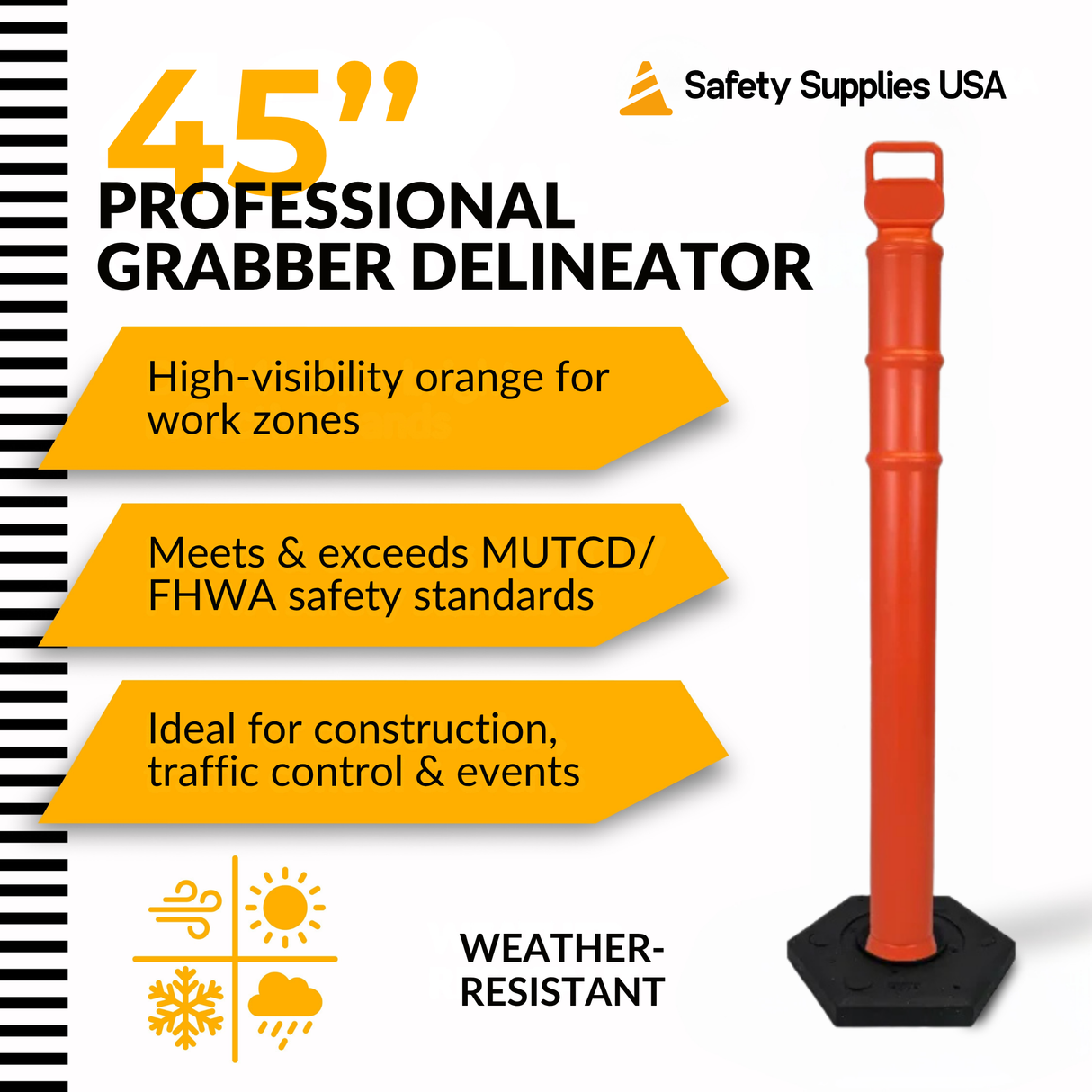 45" EZ Grab Delineator Tube with Recycled Rubber Base - No Reflective Collars