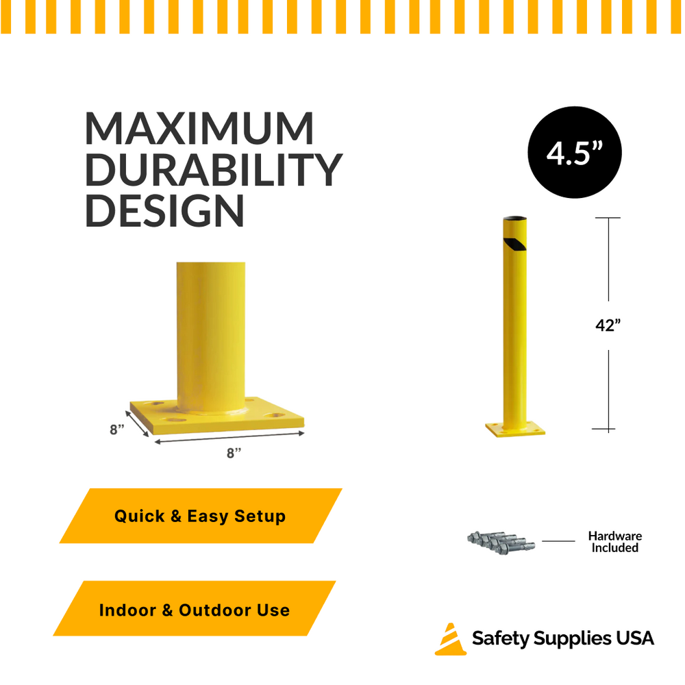 42" Safety Yellow Steel Bollard Post – 4.5" Diameter, Surface or In-Ground Mount Barrier
