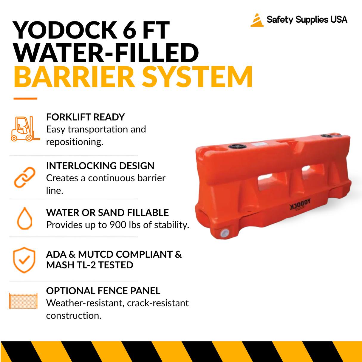 6 Ft Water-Filled Barrier with Optional Fence Panel – Durable Plastic Traffic & Pedestrian Channelizer