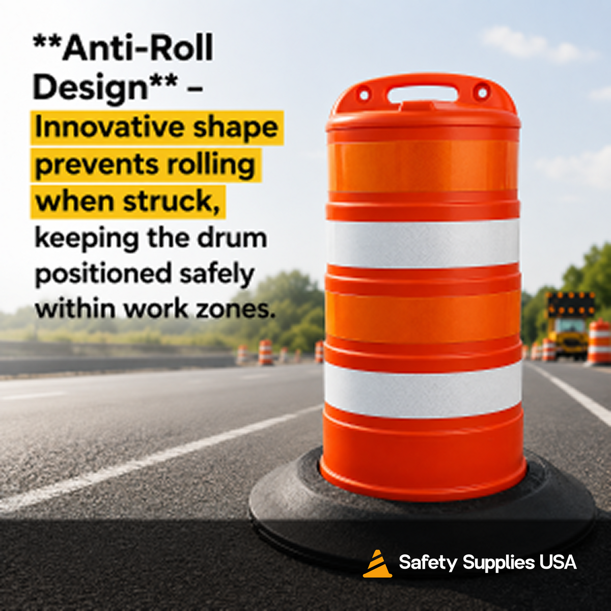 Commander Traffic Drum with Reflective Sheeting and Tire Ring Base