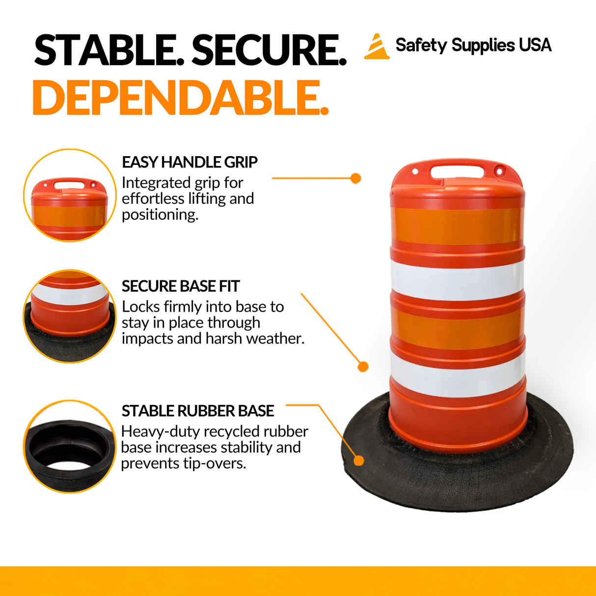 Commander Traffic Drum with Reflective Sheeting and Tire Ring Base
