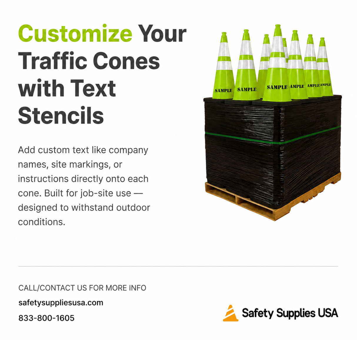 100 Cones Bulk Pallet, 28" Lime Green Traffic Cone, 7lb Black Base, w/6" & 4" Retroreflective Collars, MUTCD Compliant