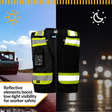 ANSI Class 1 Heavy Duty Surveyor Safety Vest with Zipper, Reflective Tape & Multi-Pocket Storage – Black
