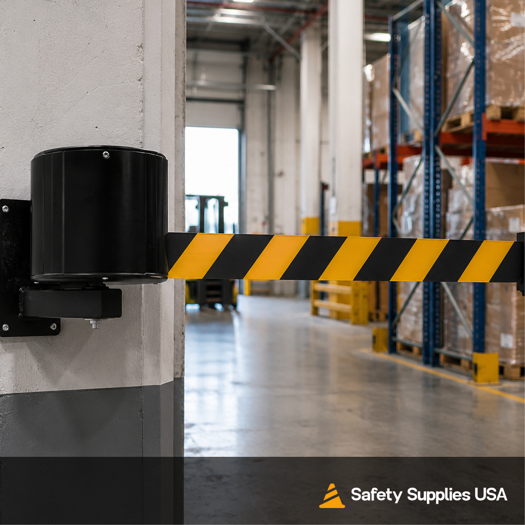 75 ft Wall Mount Retractable Belt Barrier – Maximum Length Stanchion