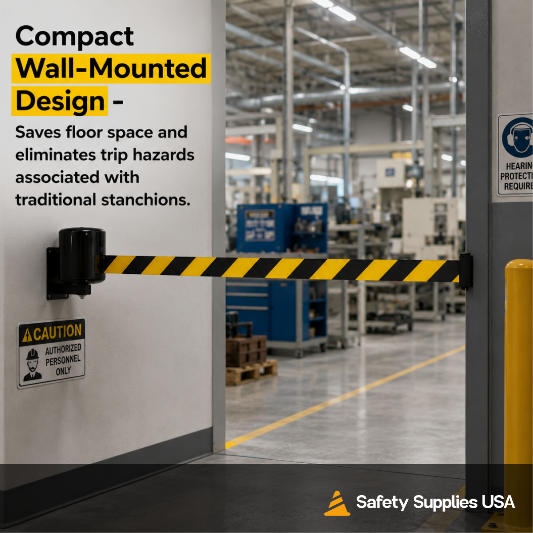 75 ft Wall Mount Retractable Belt Barrier – Maximum Length Stanchion