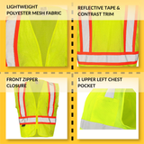 Class 2 Hi-Vis Economy Mesh Safety Vest with Zipper Closure, Reflective Tape & Contrast Trim, ANSI Type R Compliant, Orange/Lime, S-5XL