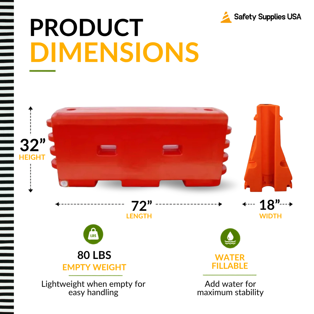 Water-Filled Traffic Barrier – 6 Ft Plastic Construction Barricade with Interlocking Design and Fillable Base