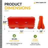 Water-Filled Traffic Barrier – 6 Ft Plastic Construction Barricade with Interlocking Design and Fillable Base