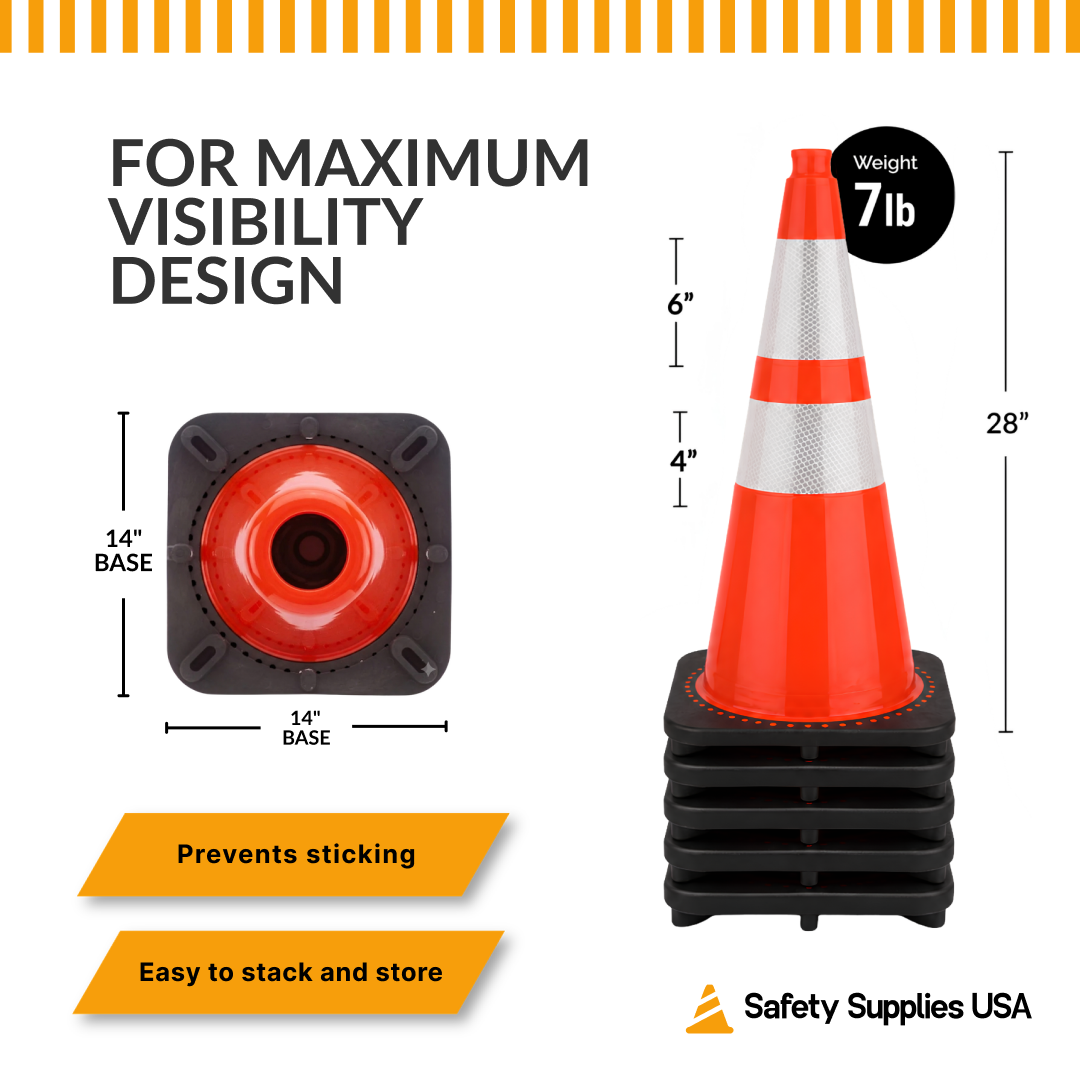 28" Orange Traffic Cone, 7lb Black Base, w/6" & 4" Retroreflective Collars, MUTCD Compliant