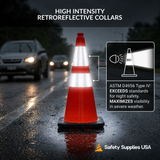 28" Orange Traffic Cone, 7lb Black Base, w/6" & 4" Retroreflective Collars, MUTCD Compliant