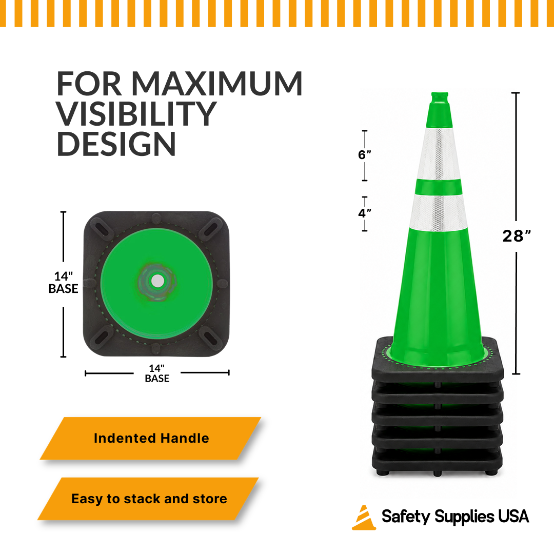 28" Green Traffic Cone, 7 lb Black Base