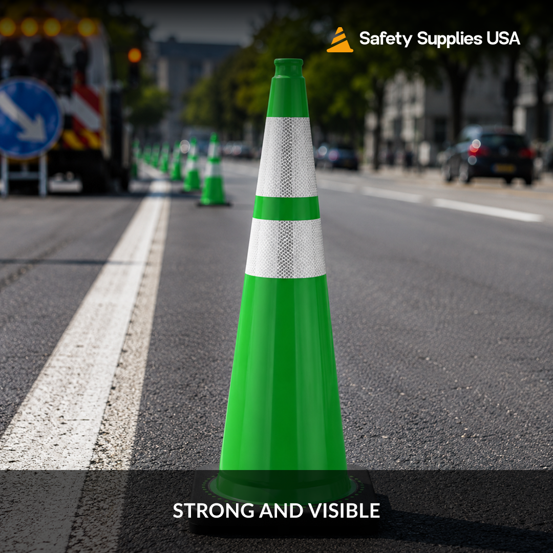 28" Green Traffic Cone, 7 lb Black Base