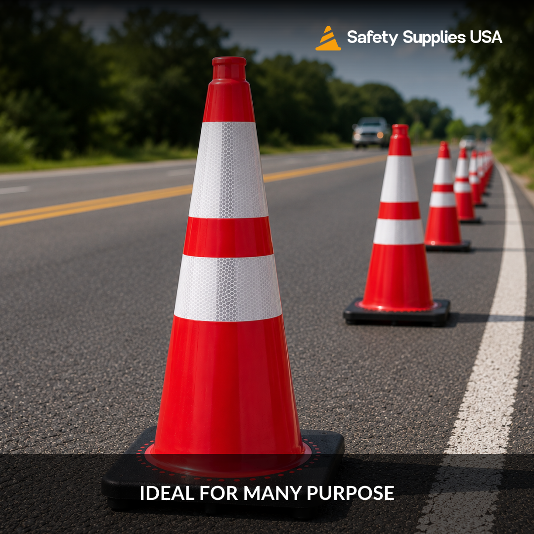 28" Red Traffic Cone, 7 lb Black Base