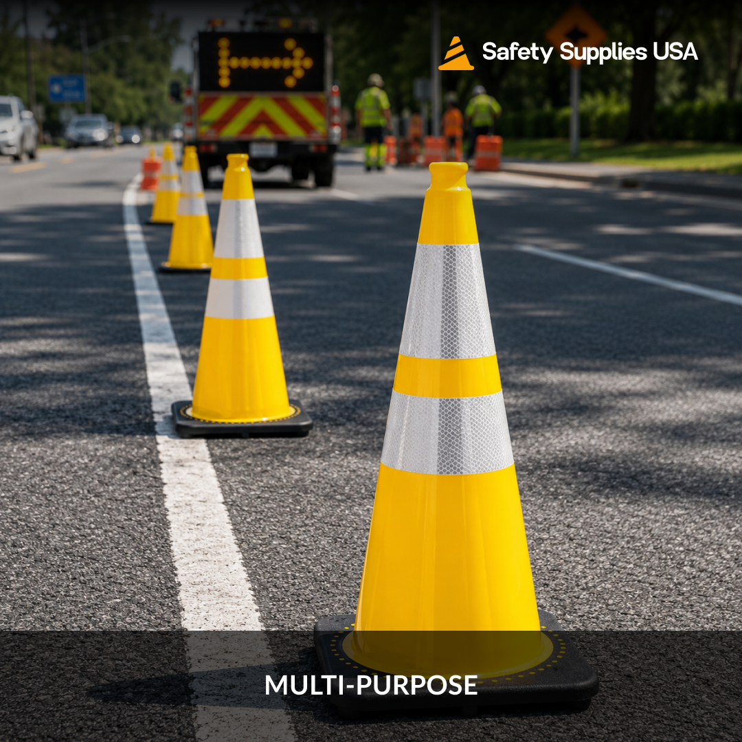 28" Yellow Traffic Cone, 7 lb Black Base