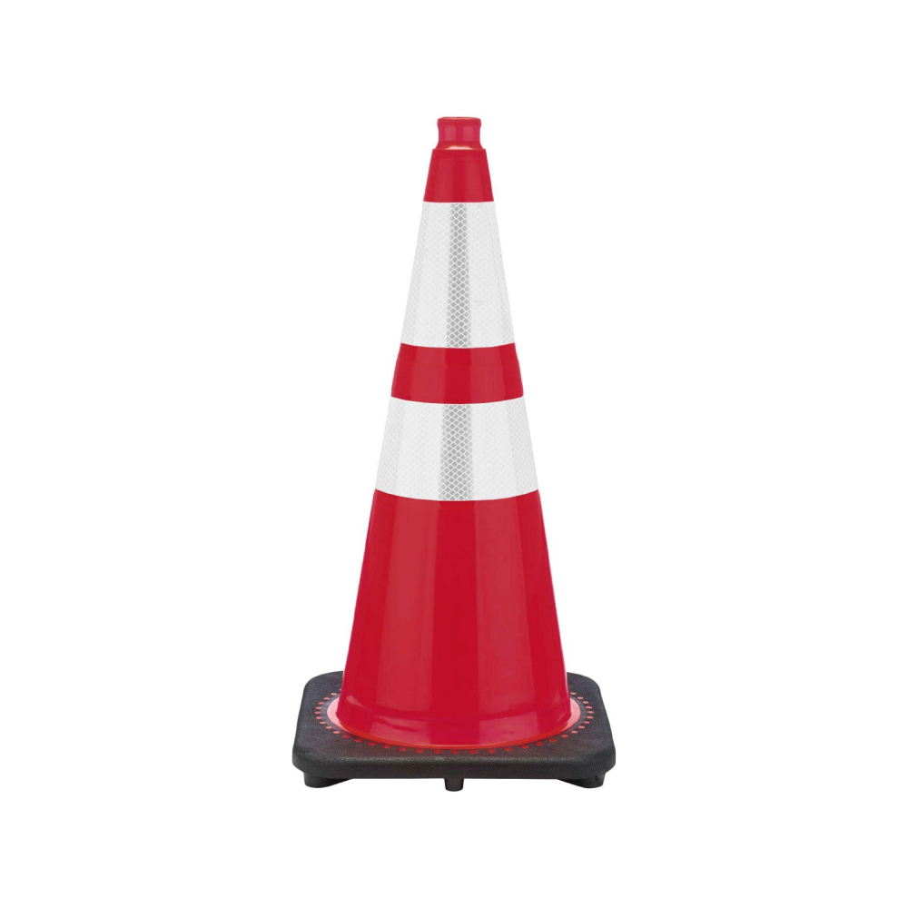 28" Red Traffic Cone, 7 lb Black Base, w/6" & 4" 3M Reflective Collars