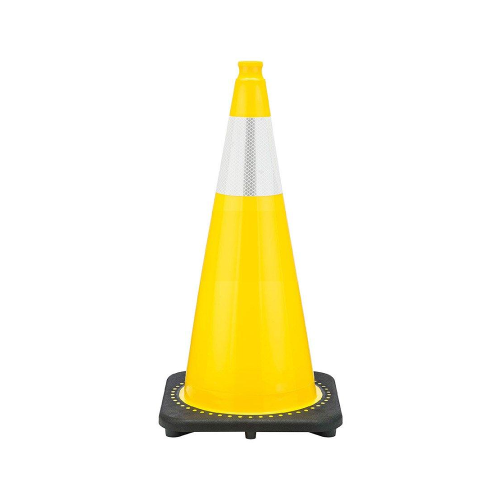 28" Yellow Traffic Cone, 7 lb Black Base, w/6" & 4" 3M Reflective Collar