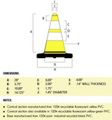 28" Yellow Traffic Cone, 7 lb Black Base, w/6" & 4" 3M Reflective Collar