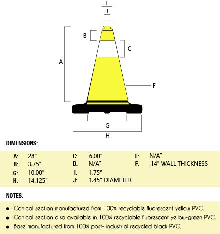 28" Yellow Traffic Cone, 7 lb Black Base, w/6" & 4" 3M Reflective Collar