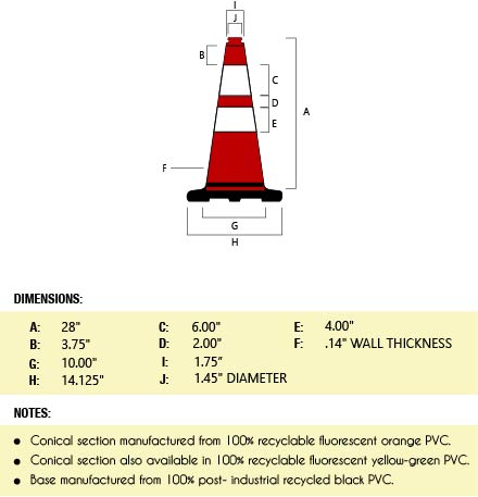 28" Red Traffic Cone, 7 lb Black Base, w/6" & 4" 3M Reflective Collars