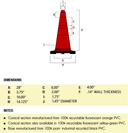 28" Red Traffic Cone, 7 lb Black Base, w/6" & 4" 3M Reflective Collars