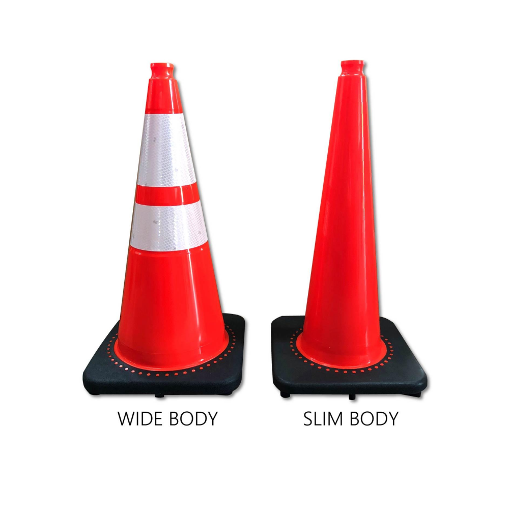 28" Slim Orange Traffic Cone, Black Base, w/6" & 4" 3M Reflective Collar