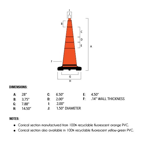 28" Slim Line Orange Traffic Cone, Black Base