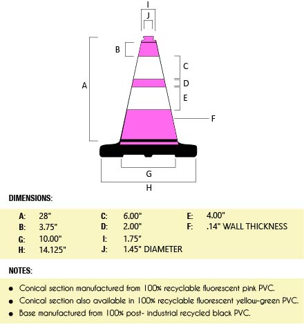 28" Pink Traffic Cone, 7 lb Black Base, w/6" & 4" 3M Reflective Collar