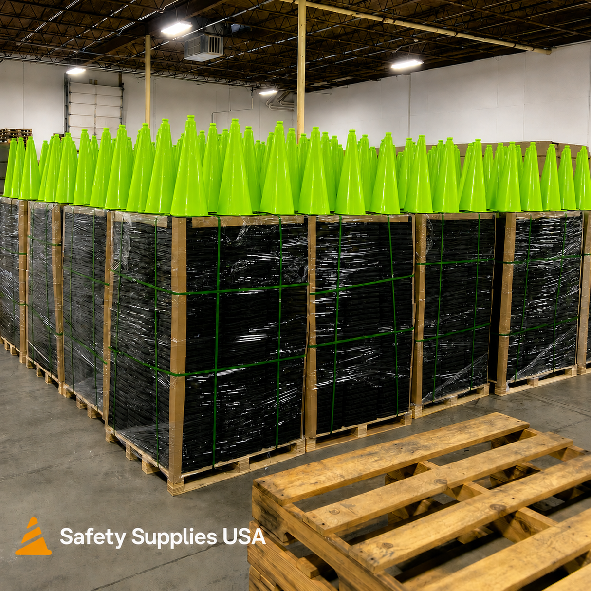 100 Cones Bulk Pallet, 28" Lime Green Traffic Cone, 7lb Black Base, MUTCD Compliant