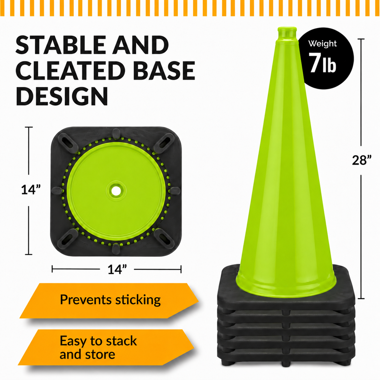 100 Cones Bulk Pallet, 28" Lime Green Traffic Cone, 7lb Black Base, MUTCD Compliant