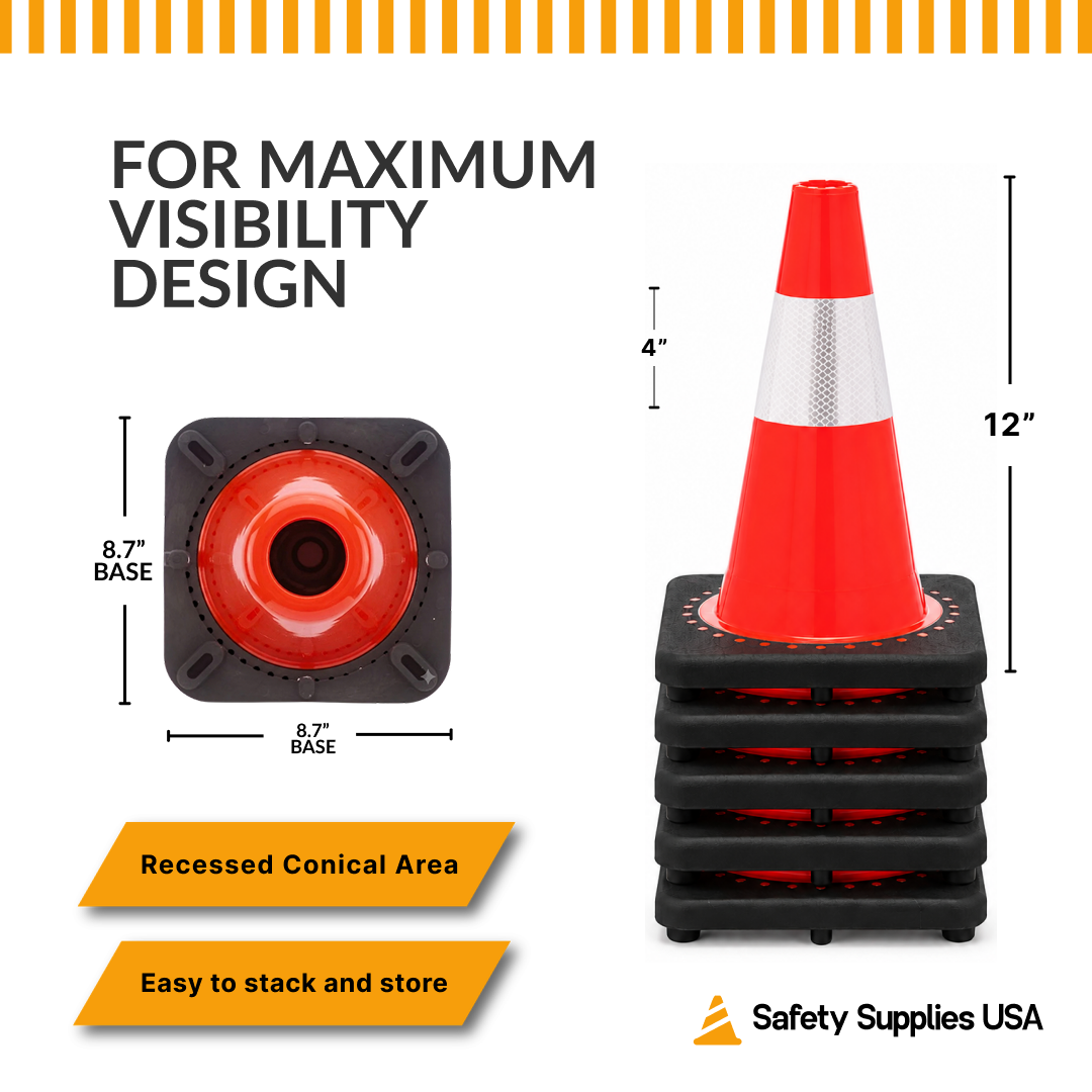 12" Orange Traffic Cone, 1.5 lb Black Base, w/4" Reflective Collar