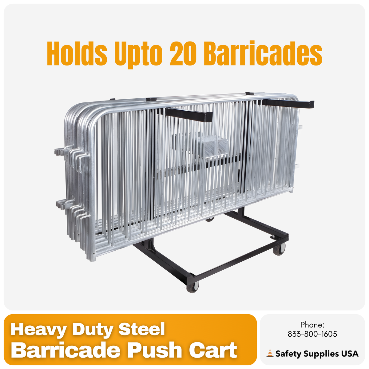 Push Cart Railing Heavy Duty Steel Barricade Push Cart | Holds 20 Crowd Control Barriers ...