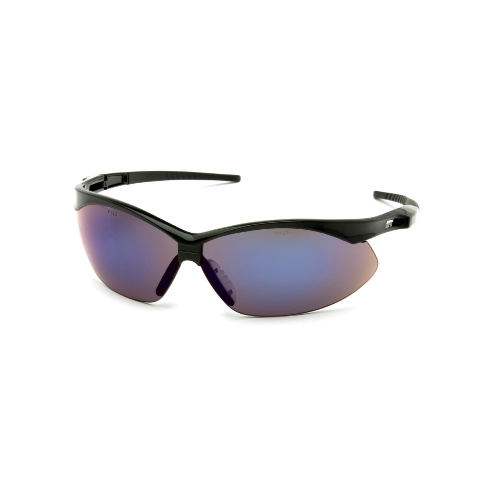 Pyramex SB6375SP Blue Mirror Lens Safety Glasses with Black Frame – Wraparound Protective Eyewear for UV & Glare Reduction