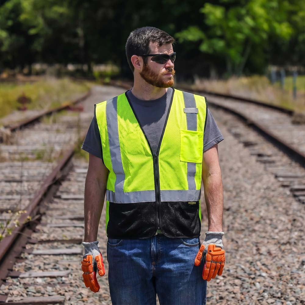 Class 2 Black Bottom Mesh Safety Vest with Zipper Closure, Reflective Tape & Multi-Pocket Design, ANSI Type R Compliant, Hi-Vis Lime/Orange, M-5XL