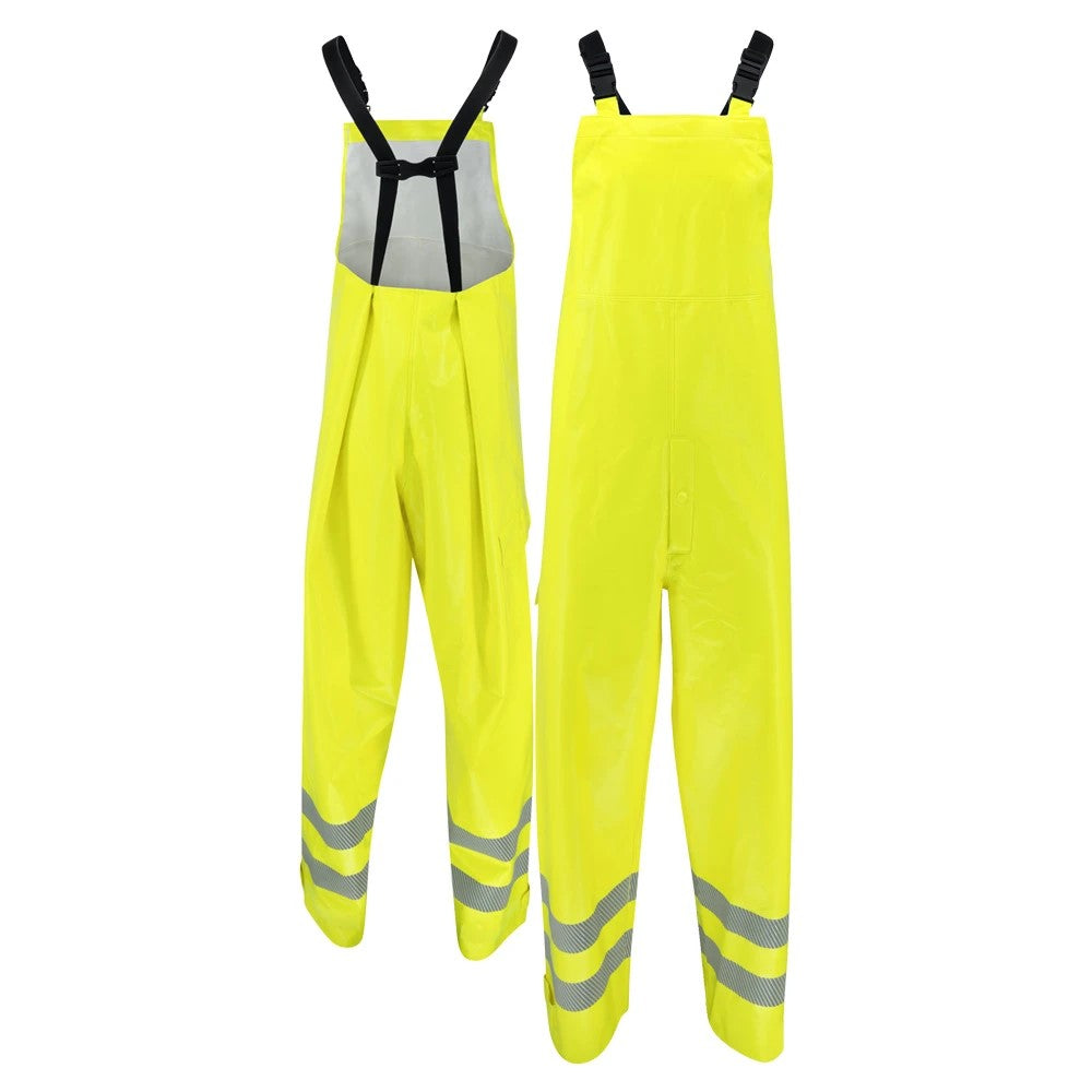 ANSI Class E Hi-Vis Self-Extinguishing Rain Bib Pants with Waterproof PVC Coating & Safety Fly