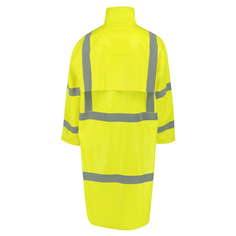 ANSI Class 3 Hi-Vis Self-Extinguishing Rain Trench Coat with Waterproof PVC Coating & Segmented Reflective Tape